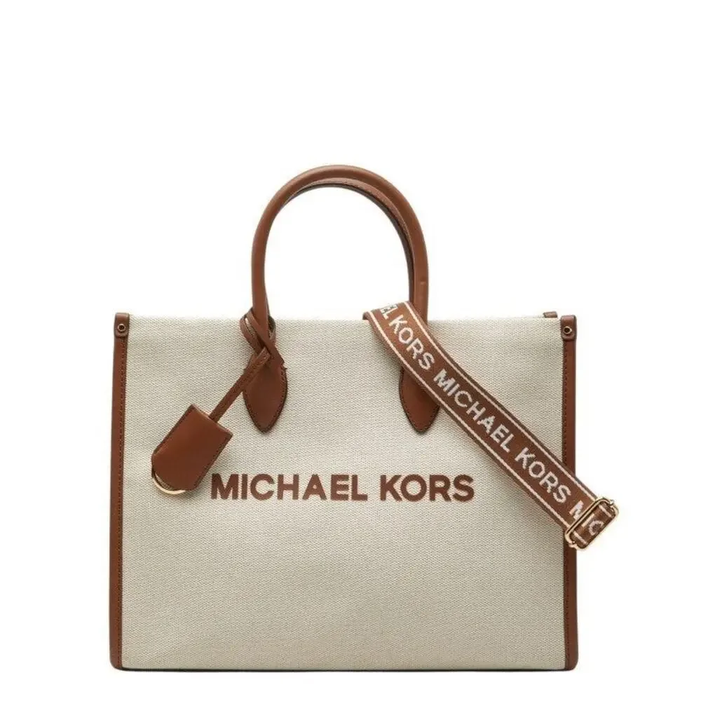 Michael Kors Mirella EW Canvas Leather Tote Bag Beige